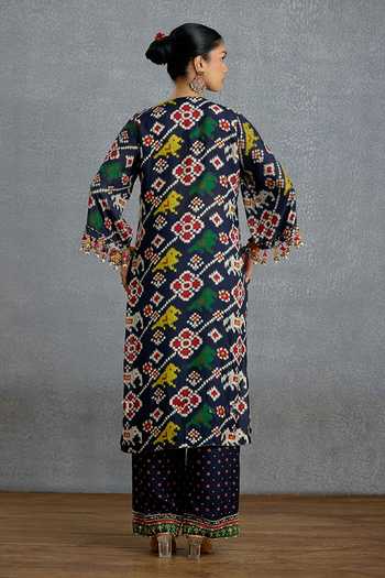 Shop_Torani_Blue Silk, Organza V-neck Virasa Patola Kurta Set _at_Aza_Fashions