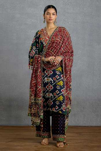 Buy_Torani_Blue Silk, Organza V-neck Virasa Patola Kurta Set _at_Aza_Fashions
