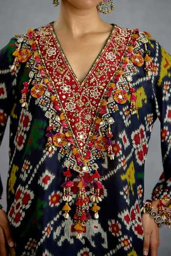 Torani_Blue Silk, Organza V-neck Virasa Patola Kurta Set _at_Aza_Fashions