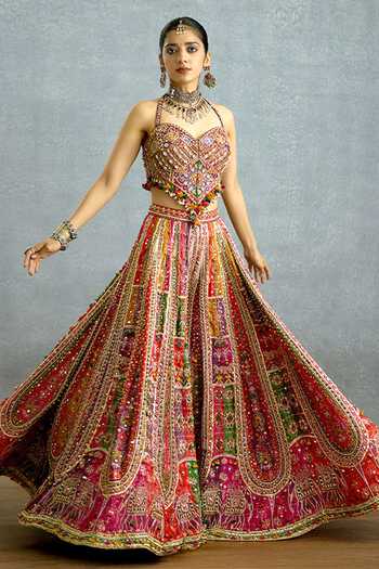 Buy_Torani_Multi Color Silk Embroidery, Mirrors, Rangraaga Patola Corset And Sharara Set _at_Aza_Fashions