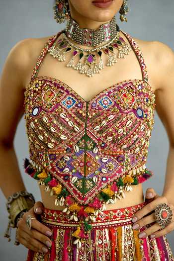 Torani_Multi Color Silk Embroidery, Mirrors, Rangraaga Patola Corset And Sharara Set _Online_at_Aza_Fashions