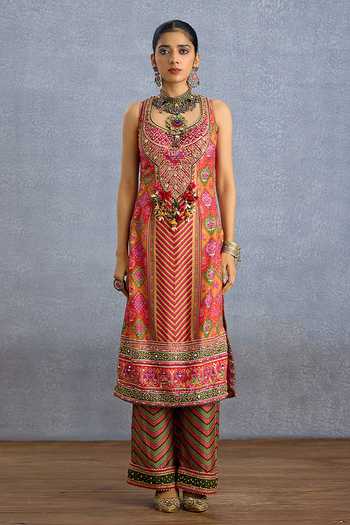 Shop_Torani_Pink Silk, Organza Scoop Neck Rangili Jinal Printed Kurta Set _Online_at_Aza_Fashions