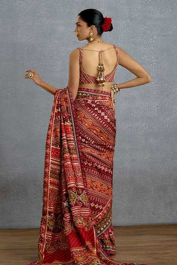 Shop_Torani_Red Silk Sweetheart Neck Chitrita Jinal Mirali Blouse _at_Aza_Fashions