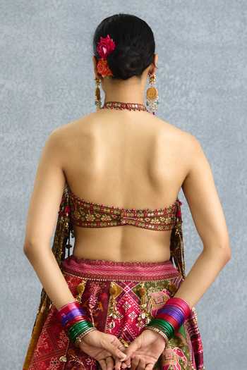 Buy_Torani_Multi Color Silk Halter Neck Rangili Sahithi Meenaakshi Lehenga And Top Set _Online_at_Aza_Fashions