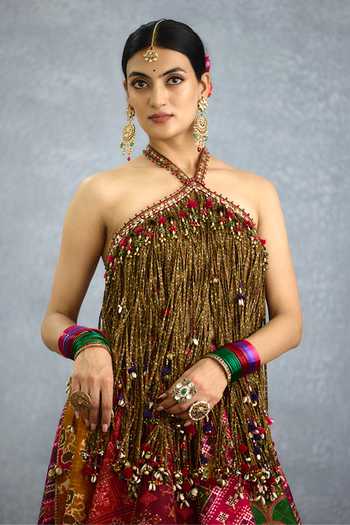 Torani_Multi Color Silk Halter Neck Rangili Sahithi Meenaakshi Lehenga And Top Set _at_Aza_Fashions