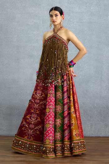 Buy_Torani_Multi Color Silk Halter Neck Rangili Sahithi Meenaakshi Lehenga And Top Set _at_Aza_Fashions