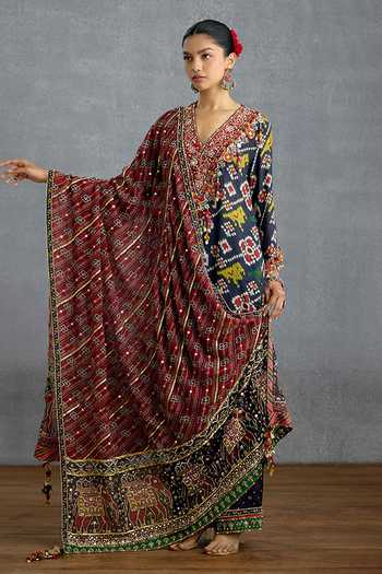 Torani_Blue Silk, Organza V-neck Virasa Patola Kurta Set _Online