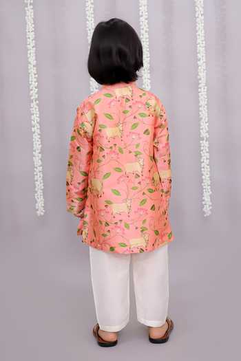 Shop_The little tales_Peach Silk, Cotton Cow Print Kurta Set _at_Aza_Fashions