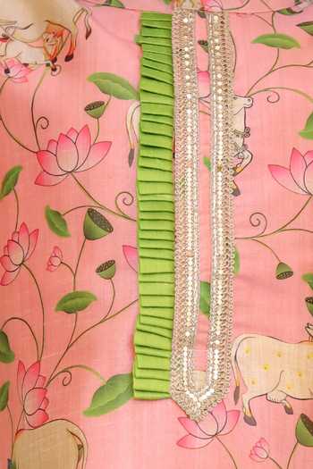 Shop_The little tales_Peach Silk, Cotton Cow Print Kurta Set _Online_at_Aza_Fashions