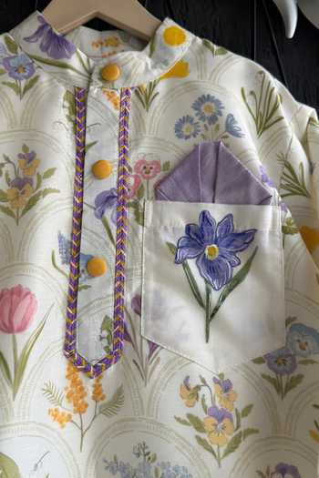 The little tales_Off White Silk, Cotton Floral Hand Painted Kurta Set _Online_at_Aza_Fashions