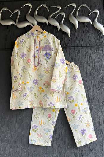 Buy_The little tales_Off White Silk, Cotton Floral Hand Paint Kurta Set _at_Aza_Fashions
