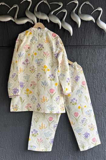 Shop_The little tales_Off White Silk, Cotton Floral Hand Paint Kurta Set _at_Aza_Fashions