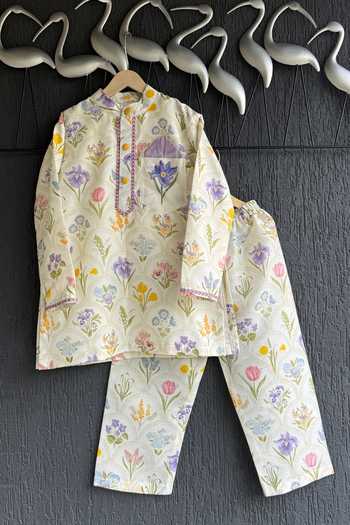 Shop_The little tales_Off White Silk, Cotton Floral Hand Paint Kurta Set _Online_at_Aza_Fashions