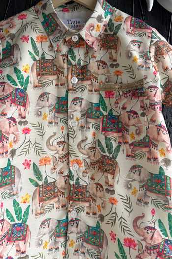 Shop_The little tales_Multi Color Silk, Cotton Elephant Print Shirt And Lungi Set 