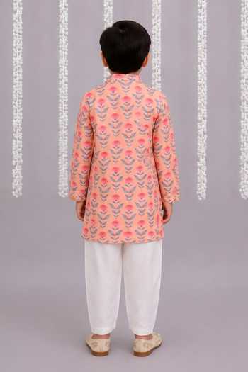 Shop_The little tales_Pink Silk, Cotton Rose Print Kurta Set _at_Aza_Fashions