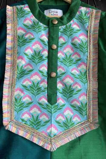 Buy_The little tales_Green Silk, Cotton Colorblock Printed Kurta Set _Online_at_Aza_Fashions