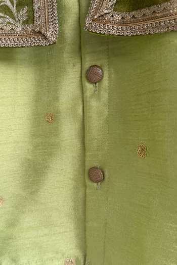 The little tales_Green Silk, Cotton Zari Panelled Kurta Set _Online_at_Aza_Fashions