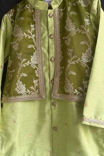 Buy_The little tales_Green Silk, Cotton Zari Panelled Kurta Set _Online_at_Aza_Fashions