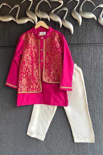 Buy_The little tales_Pink Silk, Cotton Floral Woven Jacket Kurta Set _at_Aza_Fashions