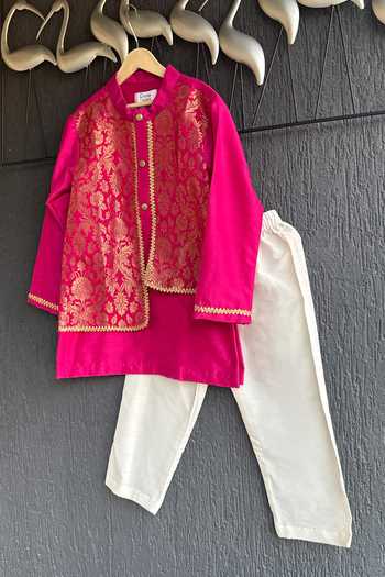The little tales_Pink Silk, Cotton Floral Woven Jacket Kurta Set _Online_at_Aza_Fashions