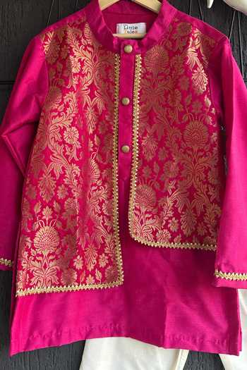 Buy_The little tales_Pink Silk, Cotton Floral Woven Jacket Kurta Set _Online_at_Aza_Fashions