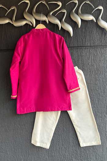 Shop_The little tales_Pink Silk, Cotton Floral Woven Jacket Kurta Set _at_Aza_Fashions