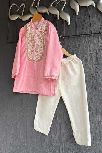 Buy_The little tales_Pink Silk, Cotton Yoke Embroidered Kurta Set _Online_at_Aza_Fashions