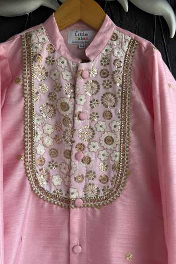 Shop_The little tales_Pink Silk, Cotton Yoke Embroidered Kurta Set _Online_at_Aza_Fashions