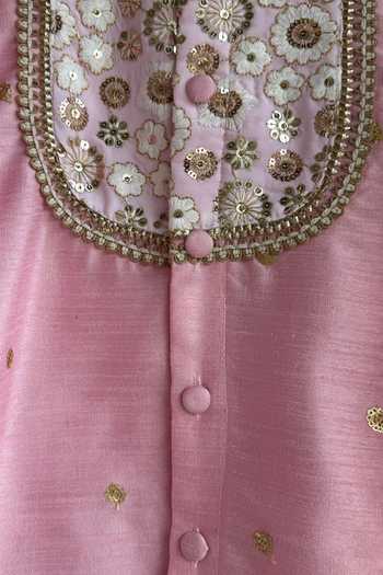The little tales_Pink Silk, Cotton Yoke Embroidered Kurta Set _at_Aza_Fashions