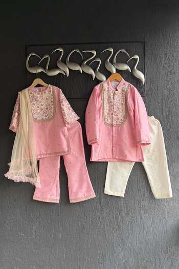 Shop_The little tales_Pink Silk, Cotton Yoke Embroidered Kurta Set 
