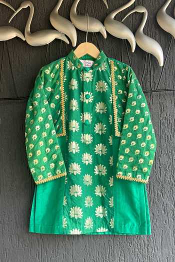 The little tales_Green Silk, Cotton Flower Woven Kurta Set _Online_at_Aza_Fashions