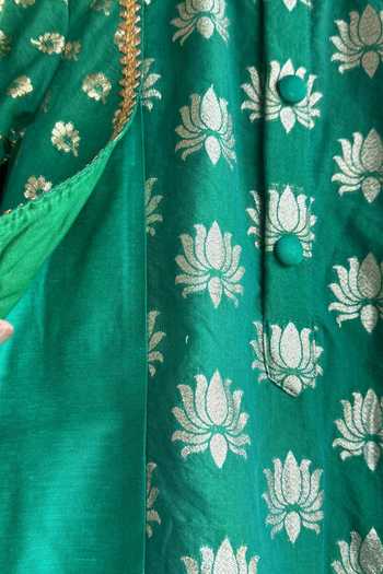 The little tales_Green Silk, Cotton Flower Woven Kurta Set _at_Aza_Fashions