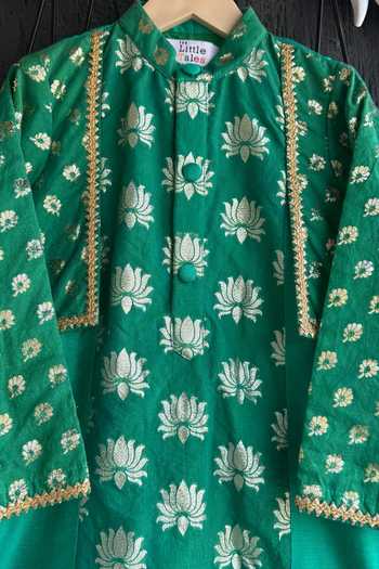 Buy_The little tales_Green Silk, Cotton Flower Woven Kurta Set 