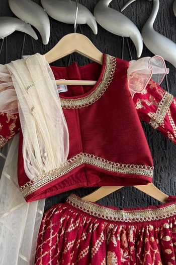 The little tales_Red Silk, Cotton, Organza, Net Stripe Pattern Lehenga And Blouse Set _Online_at_Aza_Fashions