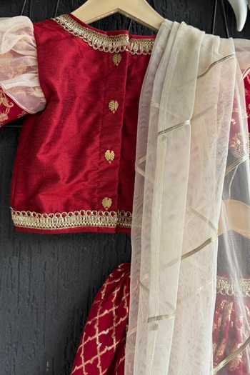 Buy_The little tales_Red Silk, Cotton, Organza, Net Stripe Pattern Lehenga And Blouse Set _Online_at_Aza_Fashions