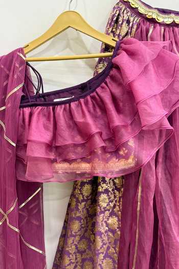 Buy_The little tales_Purple Silk, Cotton, Organza, Net Floral Woven Lehenga Set _Online_at_Aza_Fashions