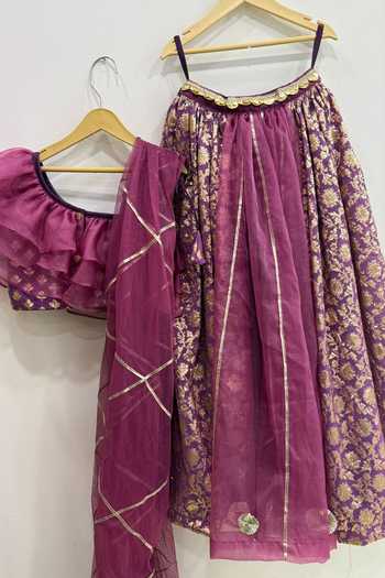 Shop_The little tales_Purple Silk, Cotton, Organza, Net Floral Woven Lehenga Set _Online_at_Aza_Fashions