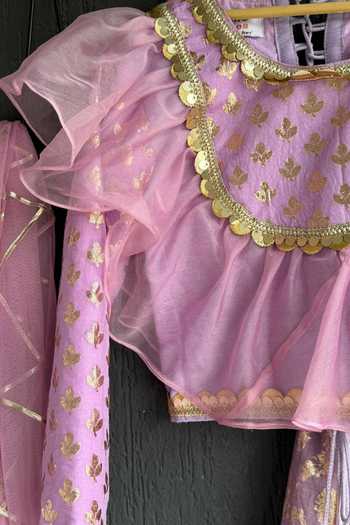 The little tales_Purple Silk, Cotton, Organza Flower Woven Lehenga Set _Online_at_Aza_Fashions