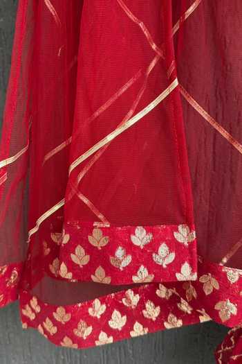 Shop_The little tales_Red Silk, Cotton, Net Floral Woven Blouse Lehenga Set _Online_at_Aza_Fashions