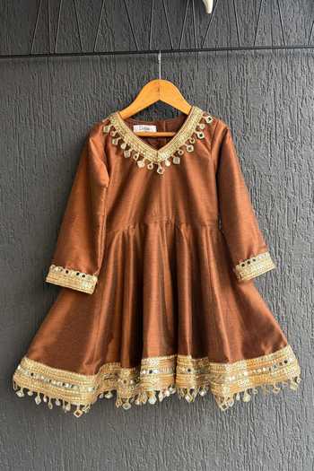 Buy_The Little Tales_Brown Silk Mirrors Work Kurta Set _Online_at_Aza_Fashions