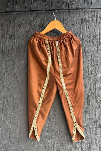 Shop_The Little Tales_Brown Silk Mirrors Work Kurta Set _Online_at_Aza_Fashions