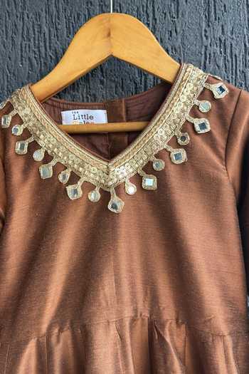 The Little Tales_Brown Silk Mirrors Work Kurta Set _at_Aza_Fashions