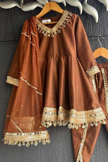 Buy_The Little Tales_Brown Silk Mirrors Work Kurta Set 