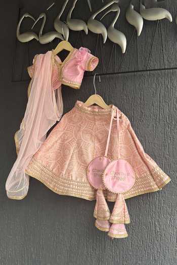 Shop_The Little Tales_Pink Silk, Cotton Brocade Lehenga Set _at_Aza_Fashions