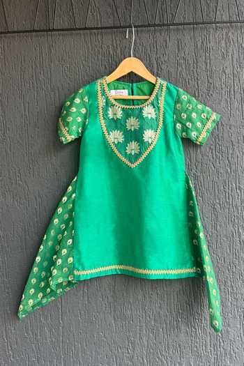 The Little Tales_Green Silk, Cotton Placement Woven Kurta Set _Online_at_Aza_Fashions