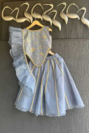 Shop_The Little Tales_Blue Organza Lace Embroidered Crop Top With Palazzo _at_Aza_Fashions