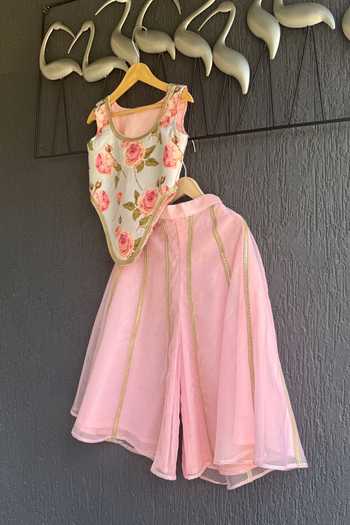 The Little Tales_Pink Organza Zari Printed Crop Top And Palazzo Set _Online_at_Aza_Fashions