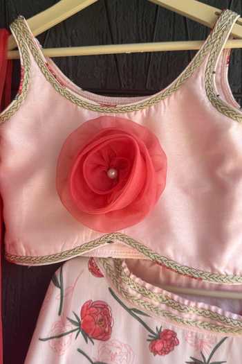The Little Tales_Pink Silk, Cotton 3d Floral Embellished Lehenga Set _Online_at_Aza_Fashions