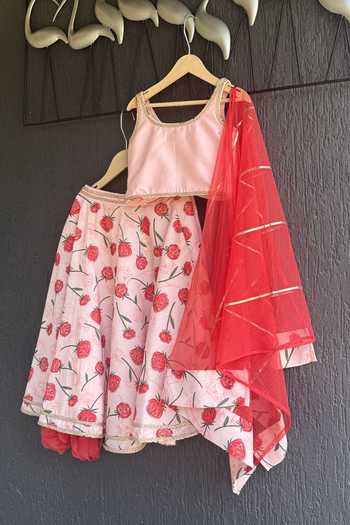 Shop_The Little Tales_Pink Silk, Cotton 3d Floral Embellished Lehenga Set _at_Aza_Fashions