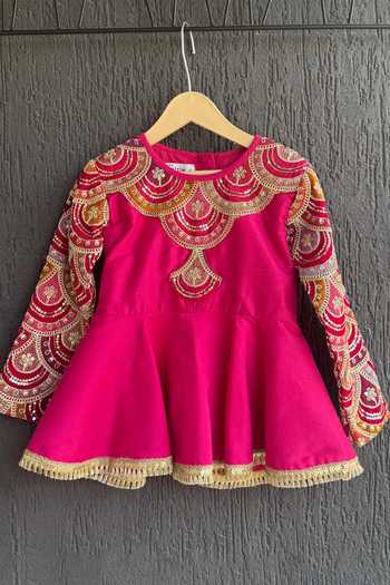 The Little Tales_Magenta Silk, Cotton Embroidered Peplum Top And Lehenga Set _Online_at_Aza_Fashions